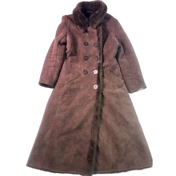 VTG Women’s Double-Breasted Suede Shearling sheepskin Long Brown Coat Size 12 - Picture 8 of 11